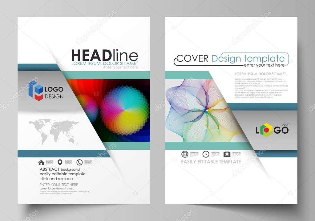 Business templates for brochure, flyer, booklet, report. Cover template, flat vector layout in A4 size. Colorful design, overlapping geometric shapes and waves forming abstract beautiful background.