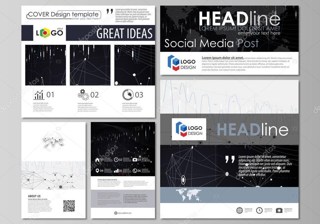 Social media posts set. Business templates. Vector layouts in popular formats. Abstract infographic background in minimalist design made from lines, symbols, charts, other elements.