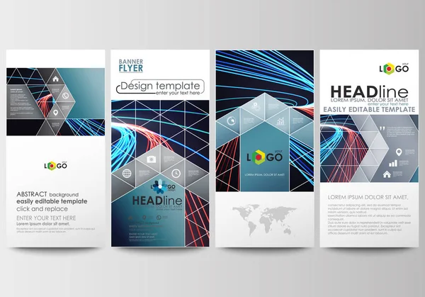 Flyers set, banners modernos. Modelos de negócios. Modelo de capa, fácil editável, layouts planos. Abstrato linhas de fundo com cor brilhante neon córregos, vetor de design de movimento . —  Vetores de Stock