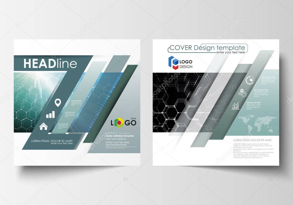Templates for square design brochure, magazine, flyer, report. Leaflet cover, easy editable vector layout. Chemistry pattern, hexagonal molecule structure. Medicine, science and technology concept.