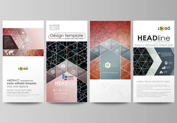 Flyers set, banners modernos. Modelos de negócios. Modelo de design de capa, layouts de vetor. Padrão químico, textura molecular, estrutura molecular poligonal, célula. Medicina, ciência, conceito de microbiologia —  Vetores de Stock