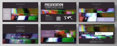 İş şablonları HD sunma kaymak için biçimlendirin. Düz tasarım soyut vektör düzenler. Glitched arka plan renkli piksel mozaiği yaptı. Dijital çürüme, sinyal hata, televizyon başarısız.