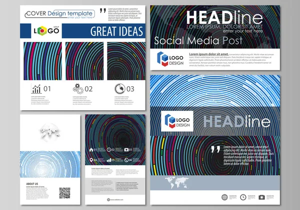 Sociale media berichten instellen. Zakelijke sjablonen. Gemakkelijk bewerkbaar abstracte platte ontwerpsjabloon, vector lay-outs in populaire formaten. Blauwe kleur achtergrond in minimalistische stijl, gemaakt van kleurrijke cirkels. — Stockvector