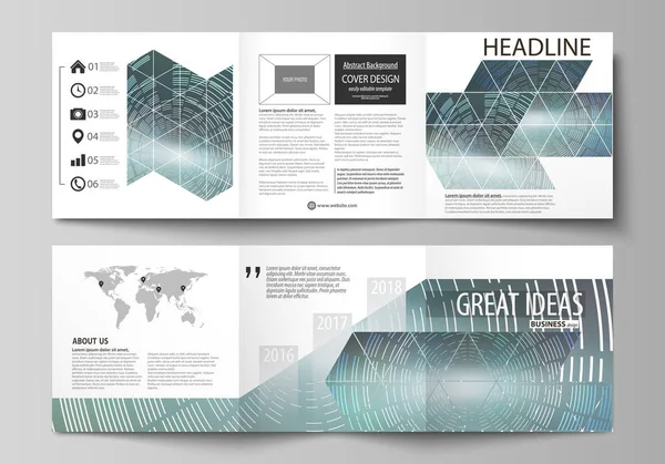 Reeks zakelijke sjablonen voor tri-fold vierkant ontwerp brochures. Folder cover, abstracte platte layout, gemakkelijk bewerkbare vector. Technische achtergrond in geometrische stijl gemaakt van cirkels. — Stockvector