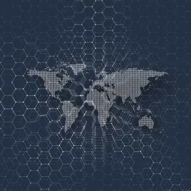 Beyaz Dünya Haritası, çizgiler ve noktalar üzerinde mavi arka plan bağlantı noktalı. Kimya model, altıgen molekül yapısı, tıbbi araştırma. Tıp, teknoloji kavramı. Soyut tasarlamak vektör.