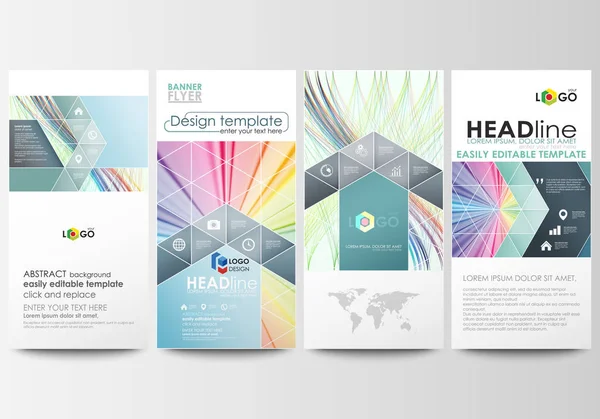 Flyers set, banners modernos. Modelos de negócios. Modelo de capa, fácil editável layouts estilo plano, ilustração vetorial. Fundo colorido, ondas abstratas, linhas. Curvas de cores brilhantes. Desenho de movimento . —  Vetores de Stock