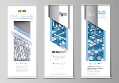 Rulo afiş standları, düz tasarım şablonları, iş kavramı, kurumsal dikey vektör el ilanları, bayrak düzenleri kadar. Mavi ve gri renk altıgen yanarak bahislerin doğru perspektif içinde. Soyut poligonal tarzı modern arka plan.