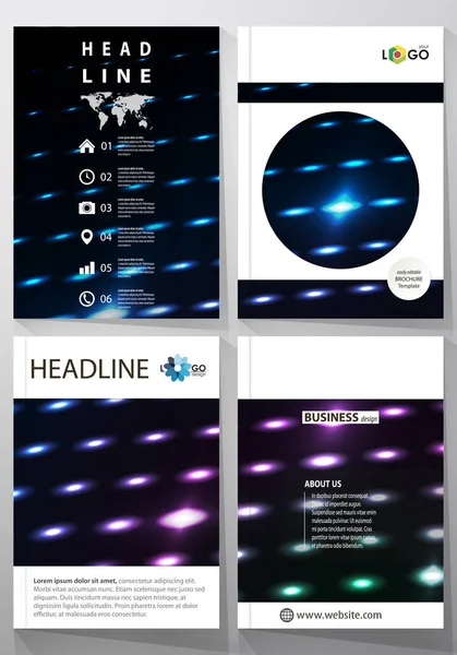 Zakelijke sjablonen voor brochure, flyer, magazine en boekje. Voorbladsjabloon, lay-out in A4-formaat. Abstract kleurrijk neon stippen, gestippelde achtergrond. Gloeiende deeltjes, led licht patroon, vector design. — Stockvector