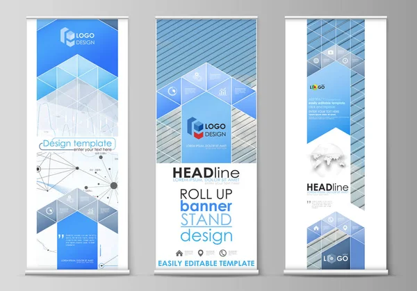 Roll up banner stands, geometrisch ontwerpsjablonen, businessconcept, corporate verticale vector flyers, vlag lay-outs. Blauw abstract infographic achtergrond met lijnen, symbolen en andere elementen. — Stockvector