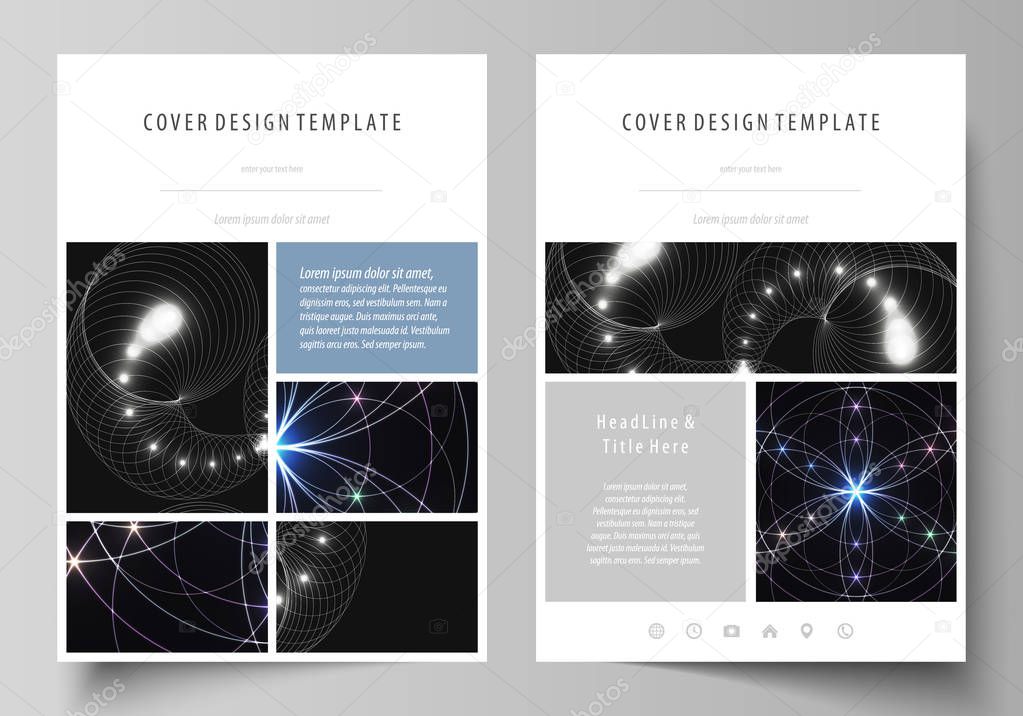 Business templates for brochure, magazine, flyer, booklet or annual report. Cover design template, vector abstract layout in A4 size. Sacred geometry, glowing geometrical ornament. Mystical background