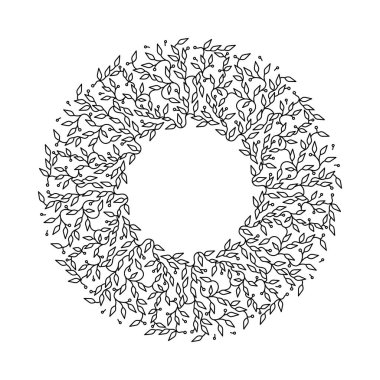 Siyah renk çerçeve tasarımı, izole şablon, beyaz arka plan. Daire amblemi yaprakları ile yaptı. Spa konsept monogram lineer tarzda. Vektör dekorasyon moda, kozmetik, güzellik endüstrisi için