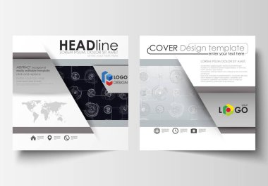 Kare broşür, dergi, el ilanı için iş şablonları. Kapak broşür, düzen düz. Yüksek teknoloji tasarım, sistem bağlanma. Bilim ve teknoloji kavramı. Fütüristik soyut vektör arka plan.