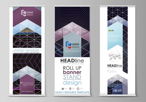 Stand per banner roll up, volantini vettoriali verticali aziendali, layout delle bandiere. Sfondo poligonale astratto con esagoni, illusione di profondità e prospettiva. Design geometrico di colore nero, geometria esagonale . — Vettoriale Stock