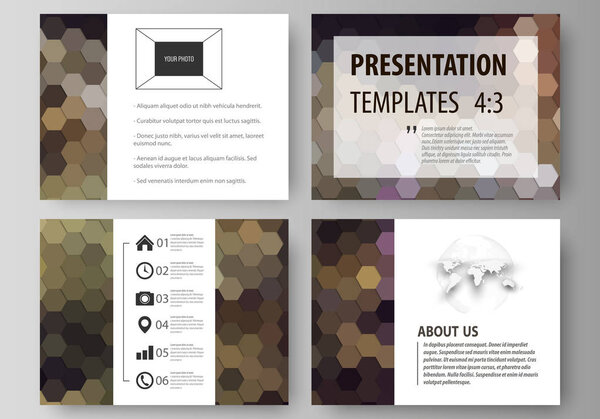 Set of business templates for presentation slides. Easy editable vector layouts in flat design. Abstract multicolored backgrounds. Geometrical patterns. Triangular and hexagonal style.