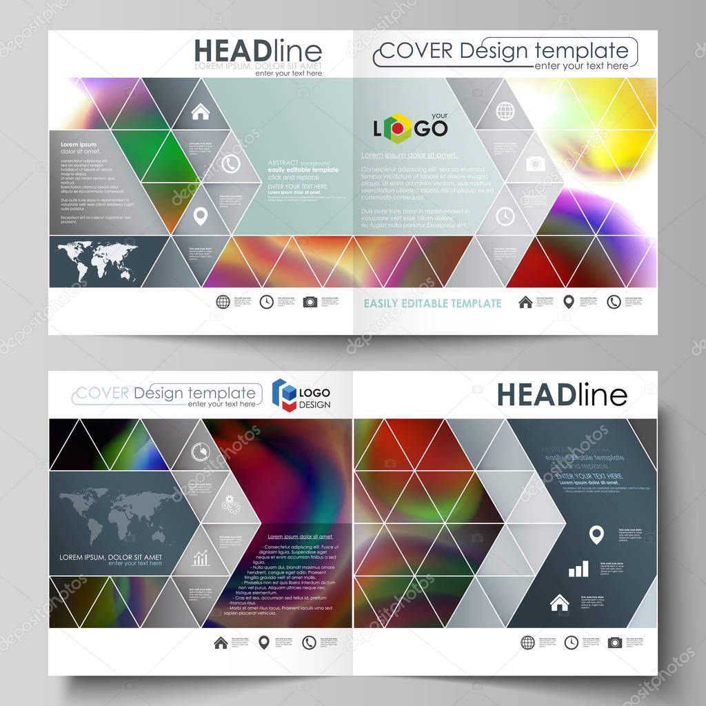Business templates for square bi fold brochure, magazine, flyer, booklet or annual report. Leaflet cover, flat vector layout. Colorful design background with abstract shapes, bright cell backdrop.