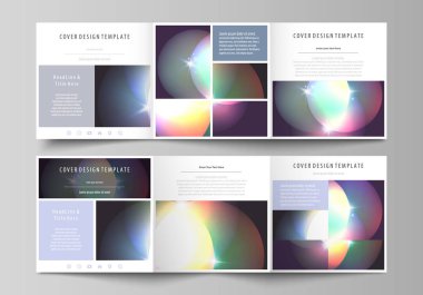 Üç kat kare broşürler için iş şablonları kümesi. Broşür kapak, soyut düz düzen, kolay düzenlenebilir vektör. Retro tarzı, mistik bilim kurgu arka plan. Fütüristik modaya uygun bir tasarım.