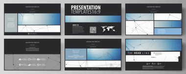 İş şablonları HD sunma kaymak için biçimlendirin. Düz tasarım soyut vektör düzenler. Geometrik mavi renk arka plan, molekül yapısı, bilim kavramı. Bağlantılı çizgiler ve noktalar.