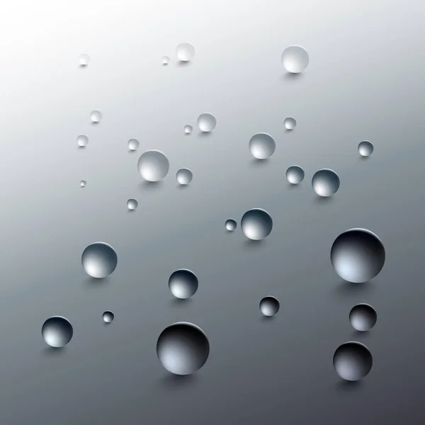 Water druppels op een grijze achtergrond. Ronde regendruppels met schaduwen, geneigd oppervlak. Vectorillustratie. — Stockvector
