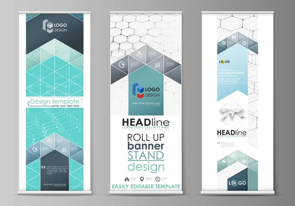 Roll up banner stands, abstract geometrisch ontwerp, corporate verticale vector flyers, vlag lay-outs. Chemie patroon, zeshoekige molecuul structuur op blauw. Geneeskunde, wetenschap en technologie concept. — Stockvector