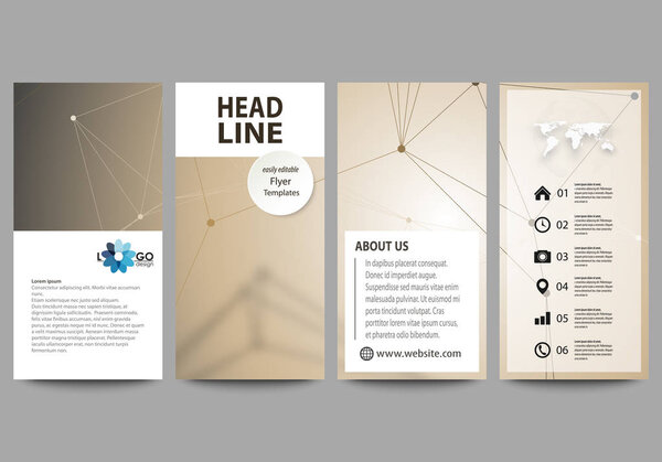 Набор флаеров, современные баннеры. Бизнес шаблоны. Шаблон дизайна обложки, абстрактные векторные макеты. Технология, наука, медицинская концепция. Золотые точки и линии, кибернетический цифровой стиль. Линии сплетения
.
