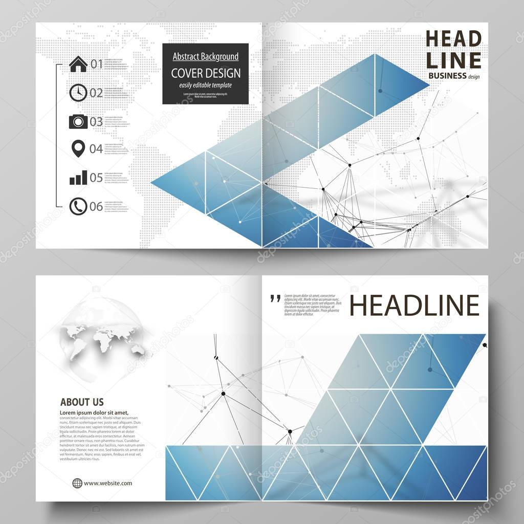 Business templates for square design bi fold brochure, magazine, flyer. Leaflet cover, vector layout. Geometric blue color background, molecule structure, science concept. Connected lines and dots.