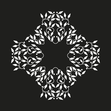 Beyaz renk çerçeve, siyah arka plan üzerine izole şablonu tasarlamak. Daire amblemi yaprakları ile yaptı. Spa konsept monogram, doğal rozeti. Vektör dekorasyon moda, kozmetik, güzellik endüstrisi için