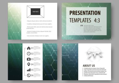 İş şablonları sunma kaymak için kümesi. Düz tasarım düzenleri soyut, illüstrasyon vektör. Kimya desen, altıgen molekül yapısı. Tıp, bilim, teknoloji kavramı.