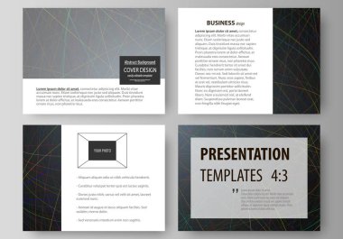 İş şablonları sunma kaymak için. Düz tasarım kolay düzenlenebilir düzenler. Koyu renkli arka plan soyut çizgilerle. Parlak renk kaotik, rasgele, dağınık eğrileri. Renkli vektör dekorasyon.