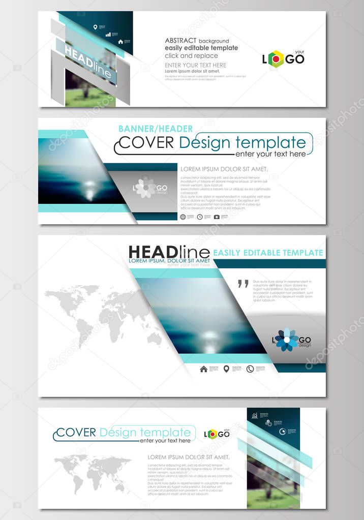 Social media and email headers set, modern banners. Business templates. Cover design, abstract flat style travel decoration layout, easy editable vector template, colorful blurred natural landscape.