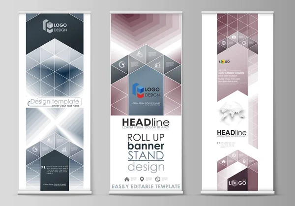 Set van roll-up banner stands, platte ontwerpsjablonen, businessconcept, corporate verticale vector flyers, vlag lay-outs. Eenvoudige monochrome geometrische patroon. Abstracte veelhoekige stijl, stijlvolle achtergrond — Stockvector