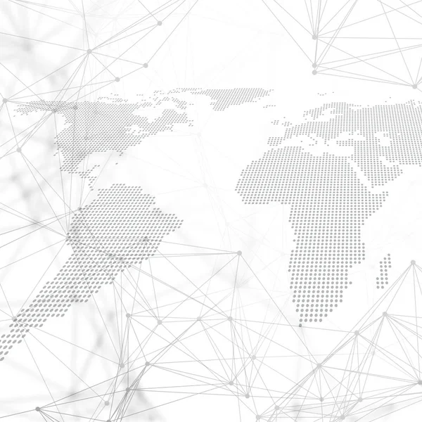 Mappa del mondo punteggiata con pattern di chimica, linee di connessione e punti. Struttura molecolare su bianco. Ricerca scientifica sul DNA medico. Concetto scientifico o tecnologico. Design geometrico sfondo astratto — Vettoriale Stock