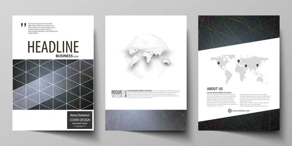 Business templates for brochure, magazine, flyer, booklet. Cover design template, vector layout in A4 size. Colorful dark background with abstract lines. Bright color chaotic, random, messy curves. — Stock Vector