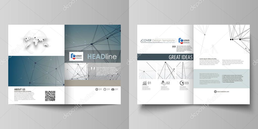 Business templates for bi fold brochure, magazine, flyer, booklet. Cover design template, vector layout in A4 size. DNA and neurons molecule structure. Medicine, science concept. Scalable graphic.