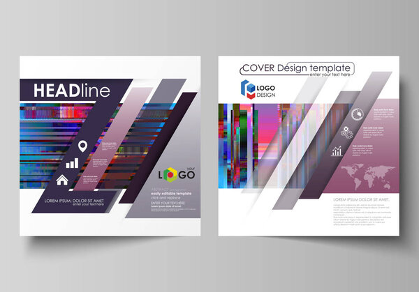 Business templates for square design brochure, magazine, flyer, booklet. Leaflet cover, abstract vector layout. Glitched background made of colorful pixel mosaic. Digital decay. Trendy glitch backdrop