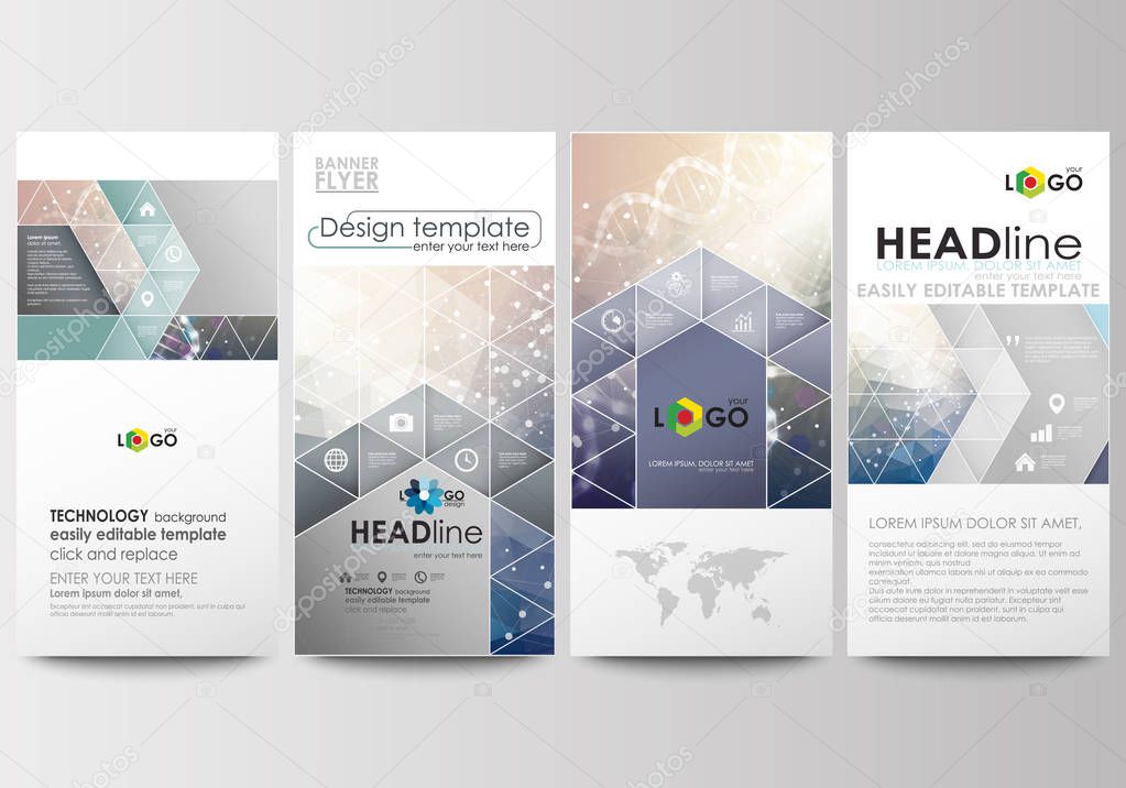 Flyers set, modern banners. Business templates. Cover design template, easy editable, abstract flat layouts. DNA molecule structure on blue background. Scientific research, medical technology.