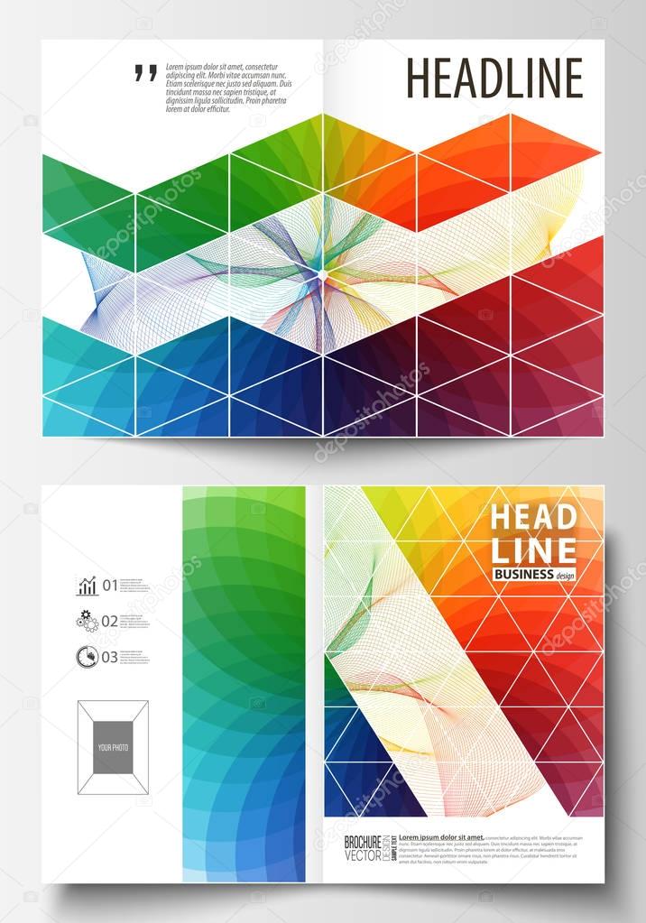 Business templates for bi fold brochure, magazine, flyer. Cover template, easy editable vector, flat layout in A4 size. Colorful design background with abstract shapes and waves, overlap effect.
