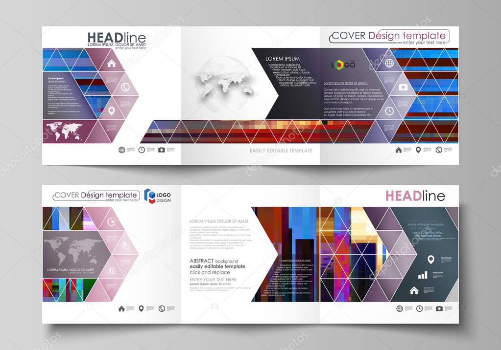 Business templates for tri fold brochures. Square design. Leaflet cover, abstract vector layout. Glitched background made of colorful pixel mosaic. Digital decay, signal error. Trendy glitch backdrop.
