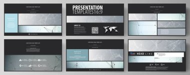 İş şablonları HD sunma kaymak için biçimlendirin. Düz tasarım soyut vektör düzenler. Kimya desen, çizgiler ve noktalar, molekül yapısı, bilimsel tıbbi Dna araştırma bağlanma.