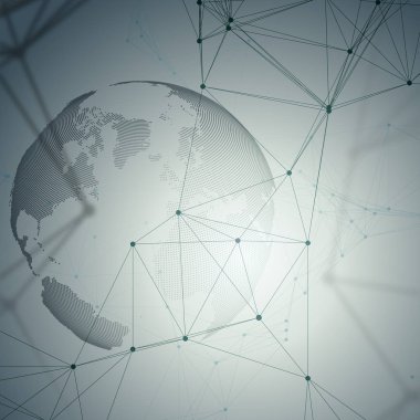 Dünya Küre, bağlayan çizgiler ve noktalar, kimya moleküler desen, moleküller gri arka plan üzerinde noktalı. Molekül yapısı. Tıp, bilim, teknoloji kavramı. Poligonal tasarlamak vektör.