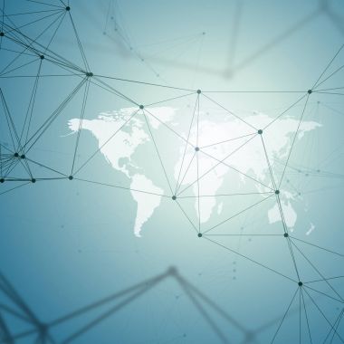 Kimya desen, beyaz Dünya Haritası, molekül yapısı mavi çizgiler ve noktalar, bağlanma. Bilimsel tıbbi Dna araştırma. Tıp, bilim, teknoloji kavramı. Geometrik tasarım arka plan.