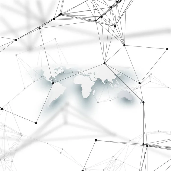 Mapa del mundo en perspectiva con sombra sobre blanco. Conexiones de red globales abstractas, fondo de concepto de tecnología de diseño geométrico. Patrón químico, estructura molecular, líneas de conexión y puntos . — Vector de stock