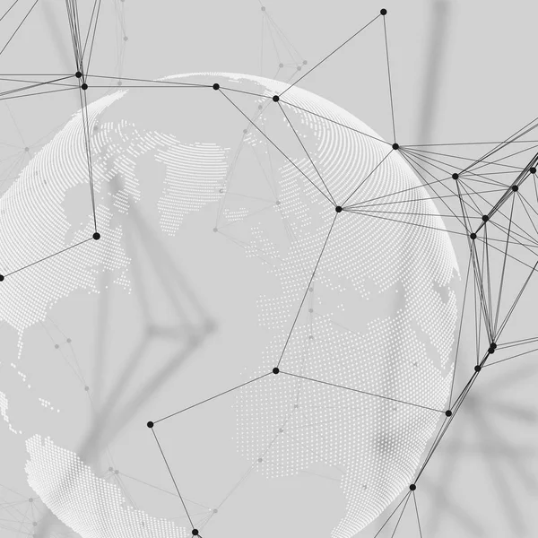 Abstracte futuristische netwerkshapes. High-tech Hud-achtergrond, lijnen en punten, veelhoekige lineaire textuur aansluiten. Wereldbol op grijs. Wereldwijde netwerkverbindingen, geometrisch ontwerp, graven gegevens concept. — Stockvector