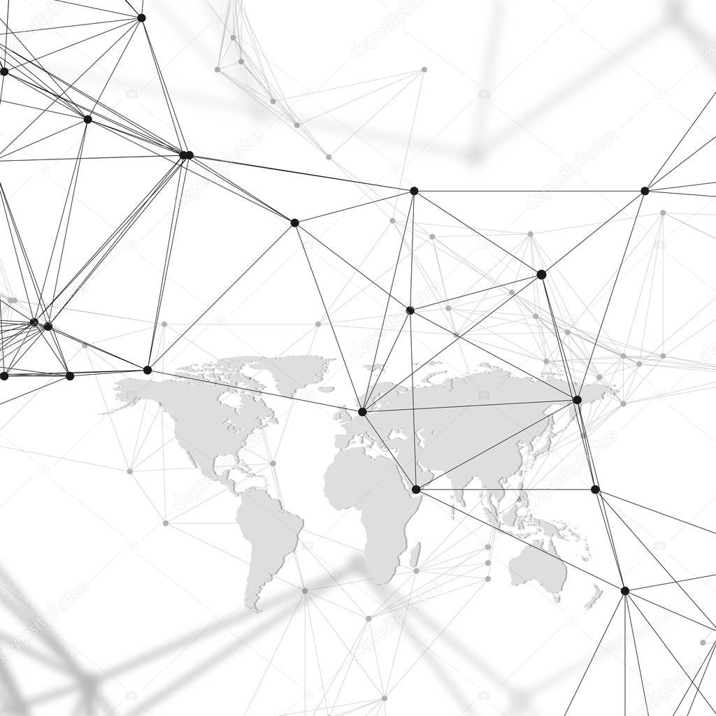 Abstract futuristic background with connecting lines and dots, polygonal linear texture. World map on white. Global network connections, geometric design, technology digital concept.