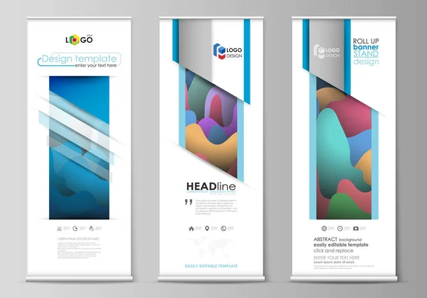 Roll up banner stands, modelos de estilo geométrico plano, conceito de negócio moderno, panfletos vetoriais verticais corporativos, layouts de bandeira. Padrão de design colorido, formas formando abstrato belo fundo . —  Vetores de Stock