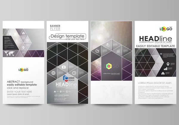 Flyers set, banners modernos. Modelos de negócios. Modelo de design de capa, layouts de vetor fácil editável. Triângulos de cor escura e círculos coloridos. Abstrato estilo poligonal fundo . —  Vetores de Stock