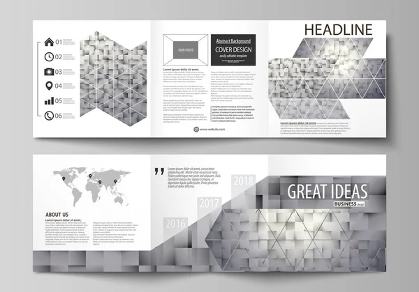 Set of business templates for tri fold square design brochures. Leaflet cover, abstract layout, easy editable vector. Pattern made from squares, gray background in geometrical style. Simple texture. — Stock Vector
