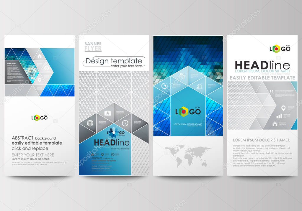 Flyers set, modern banners. Business templates. Cover design template, easy editable, flat layouts. Abstract triangles, blue and gray triangular polygonal vector background.