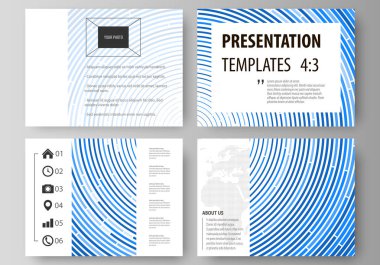 İş şablonları sunma kaymak için kümesi. Düz tasarım kolay düzenlenebilir soyut vektör düzenler. Mavi renkli arka planı renkli çevrelerin minimalist tarzda.