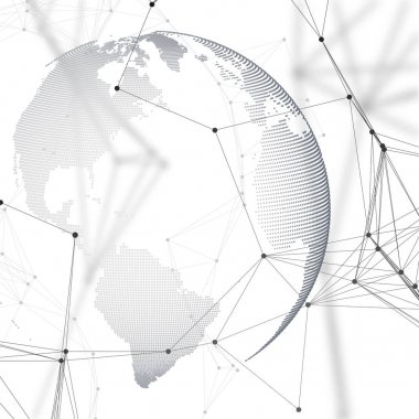 Soyut fütüristik ağ şekiller. Yüksek teknoloji arka plan, bağlayan çizgiler ve noktalar, poligonal doğrusal doku. Dünya küre üzerinde beyaz. Veri kavramı küresel ağ bağlantıları, geometrik tasarım, kazmak.