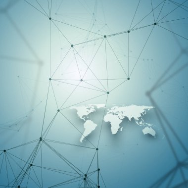 Kimya desen, beyaz Dünya Haritası, molekül yapısı mavi çizgiler ve noktalar, bağlanma. Bilimsel tıbbi Dna araştırma. Tıp, bilim, teknoloji kavramı. Geometrik tasarım arka plan.